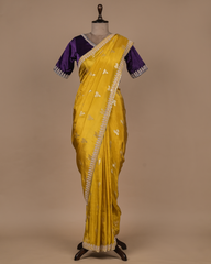 Yellow Silk Crepe Embroidered Saree