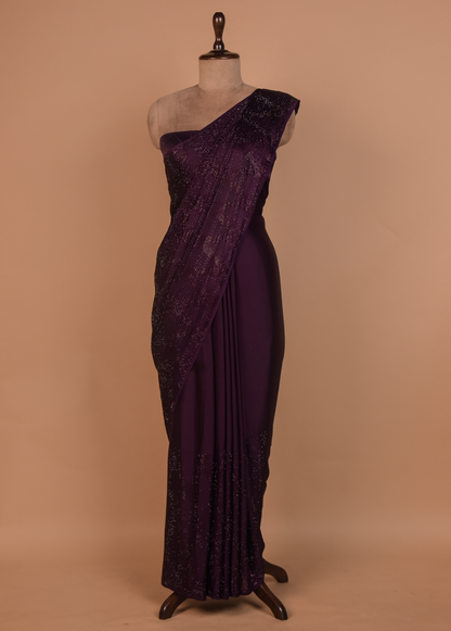 Wine Satin Embroidered Saree