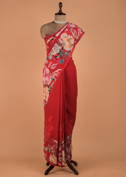 Red Crepe Printed Saree