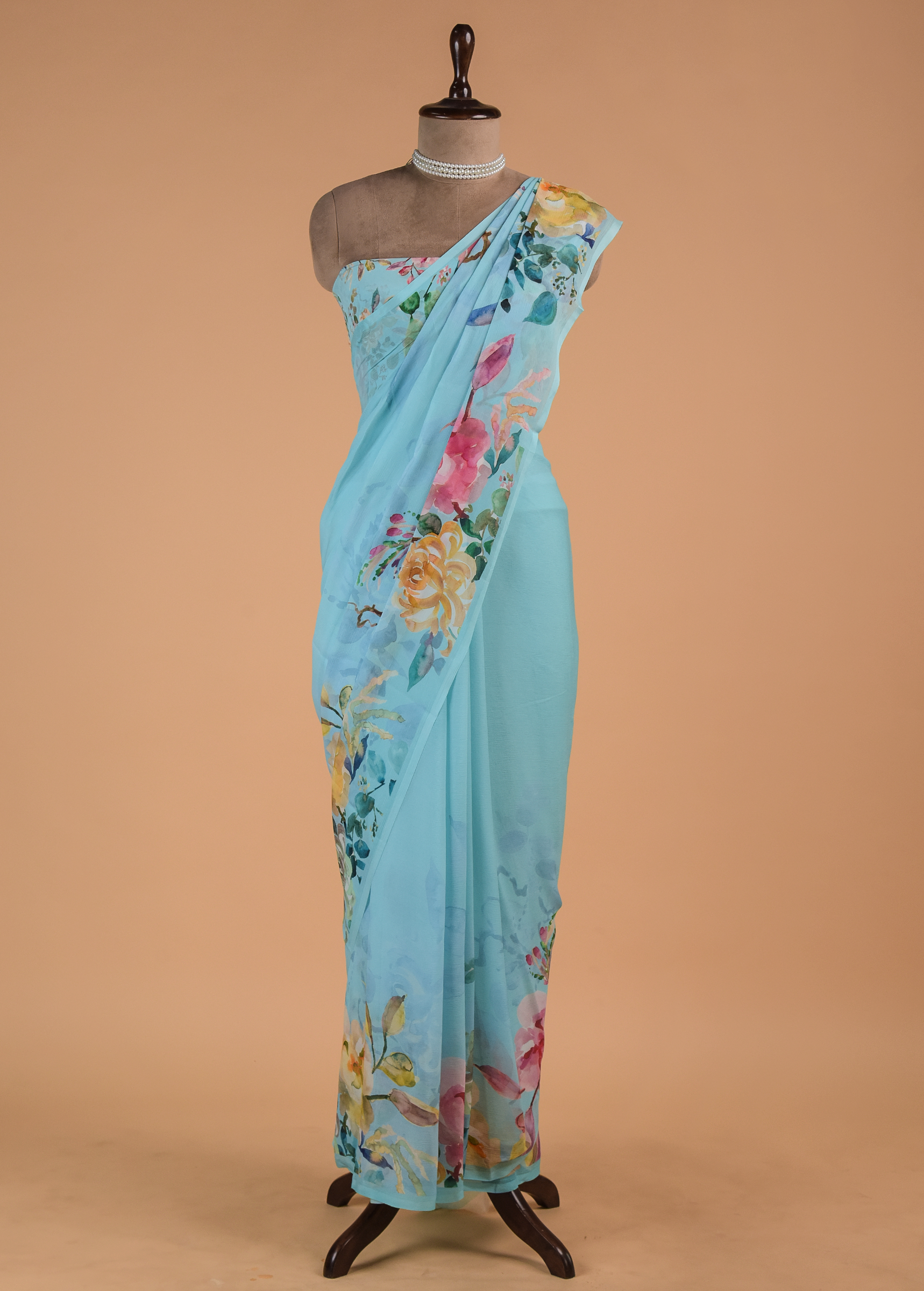 Blue Printed Chiffon Saree - Image 3 | Greenways Delhi