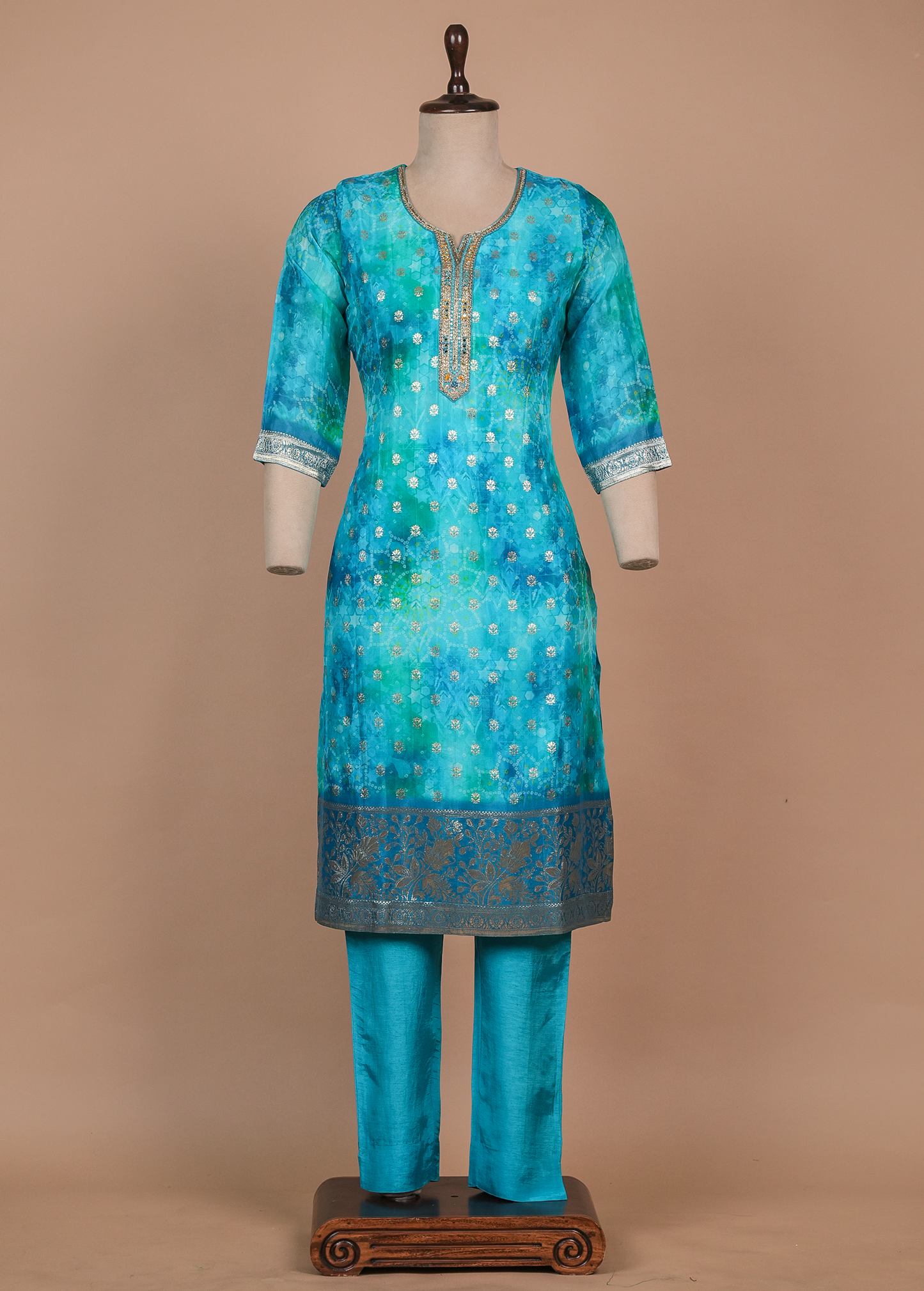 Blue Cotton Silk Straight Set