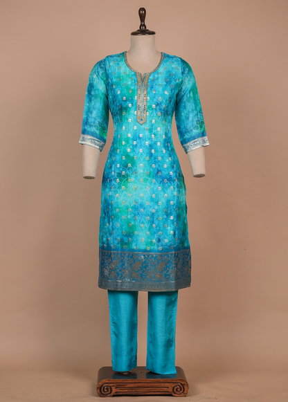 Blue Cotton Silk Straight Set
