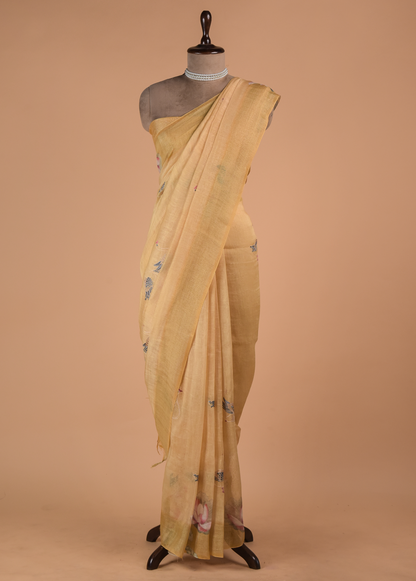 Yellow Linen Embroidered Saree