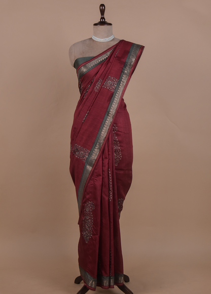 Red Tussar Embroidered Saree