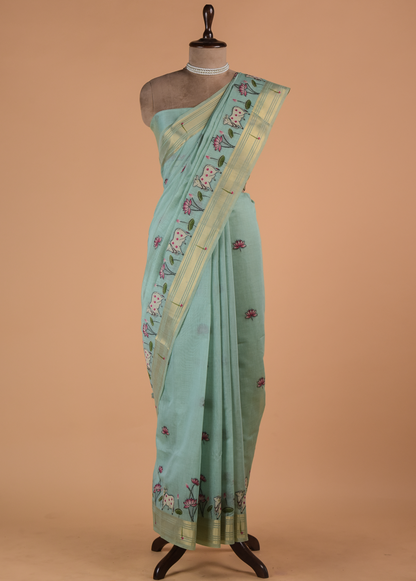 Blue Cotton Banarasi Saree