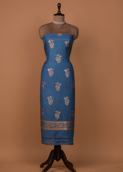 Blue Munga Tussar Silk Dress Material