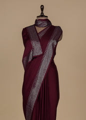 Wine Satin Crepe Embroidered Saree