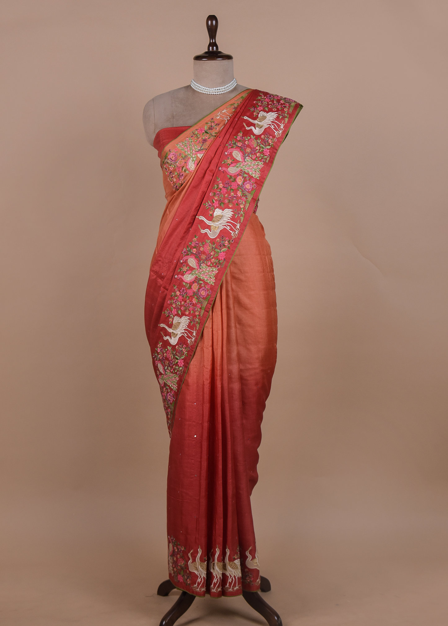Orange Tussar Embroidered Saree