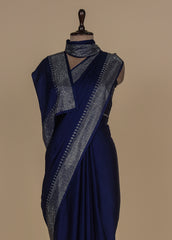 Blue Satin Crepe Embroidered Saree