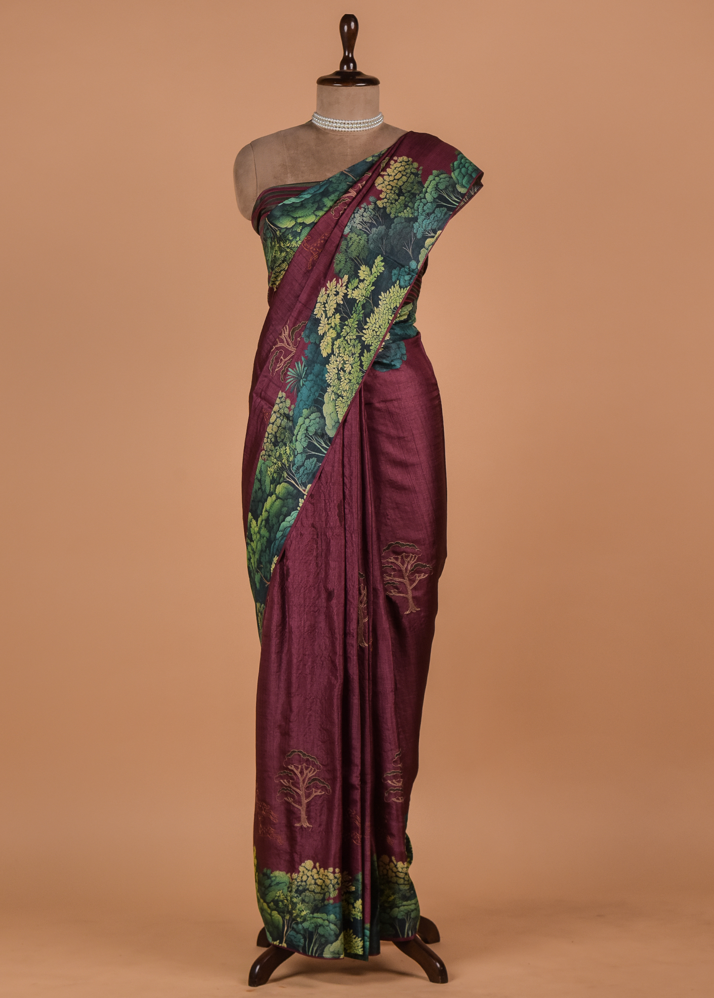 Wine Satin Printed Saree