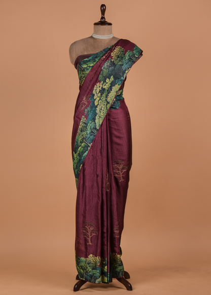 Wine Satin Printed Saree