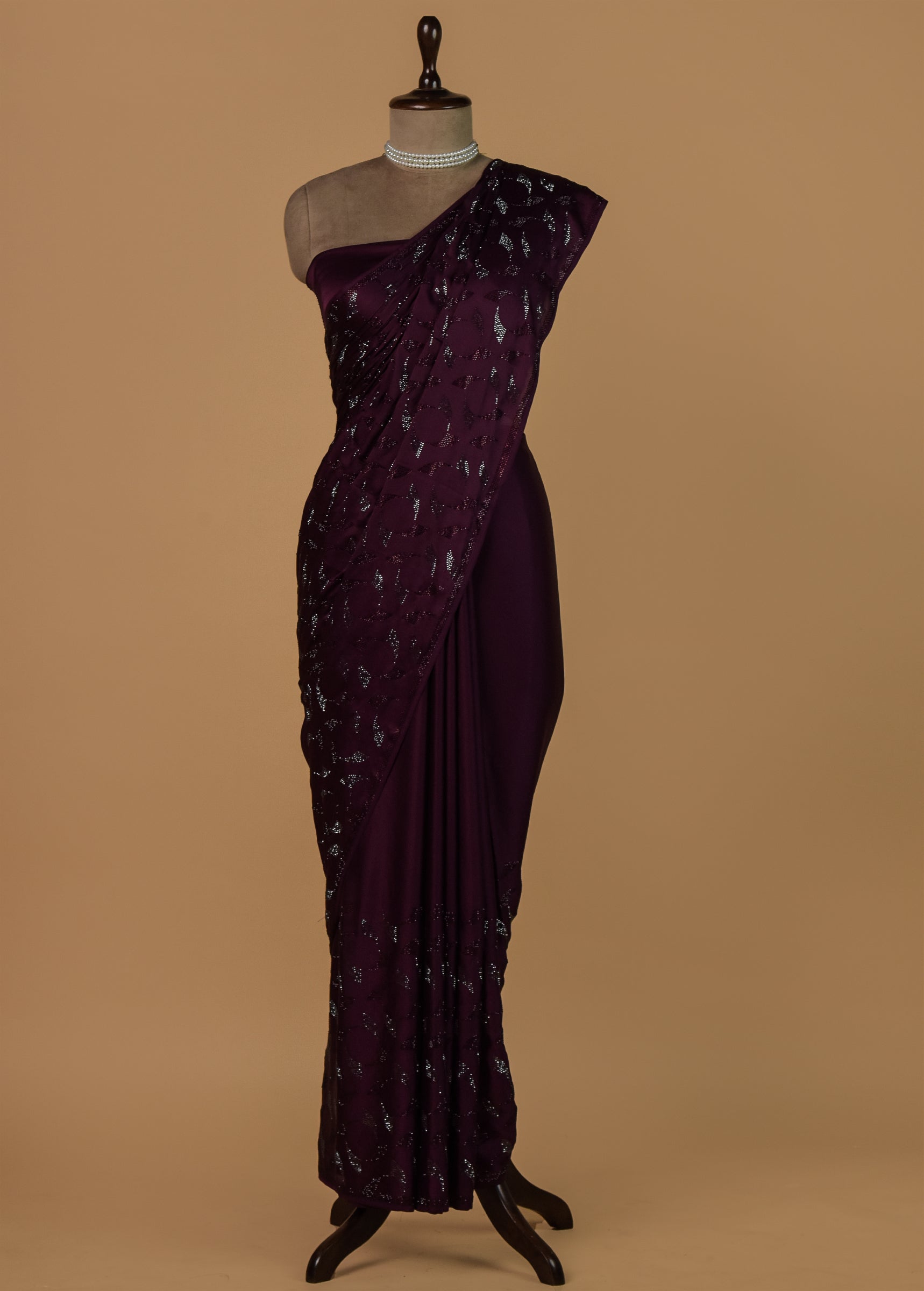 Wine Satin Embroidered Saree