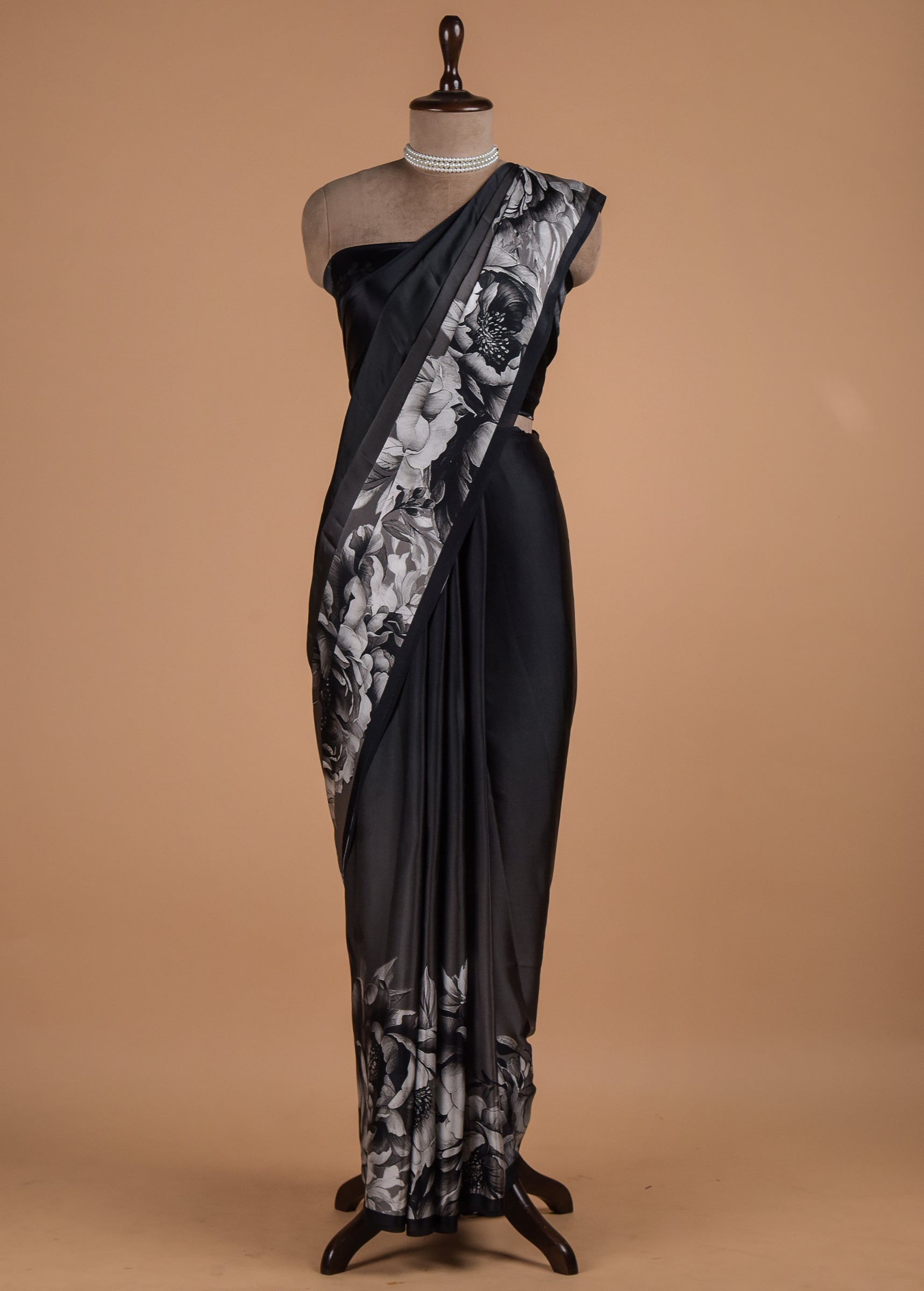 Black Satin Printed Saree