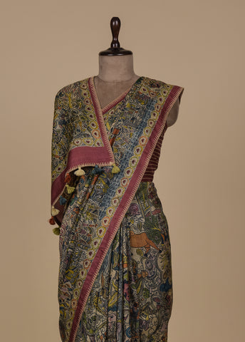 Multicoloured Tussar Kalamkari Kantha Saree