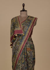 Multicoloured Tussar Kalamkari Kantha Saree