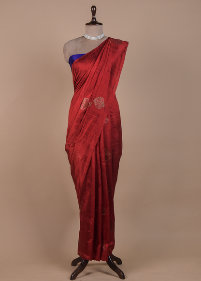 Red Raw Tussar Silk Banarasi Saree