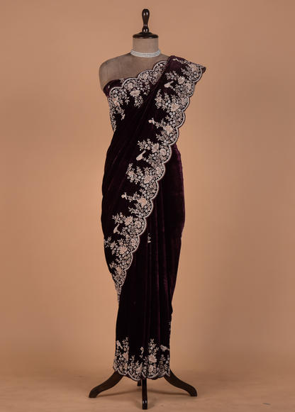 Red Velvet Embroidered Saree
