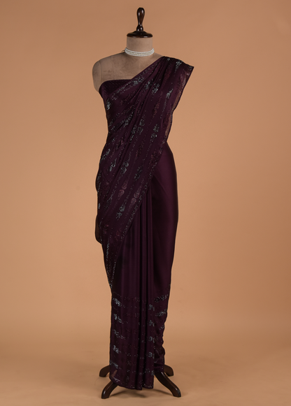 Purple Chinon Crepe Embroidered Saree