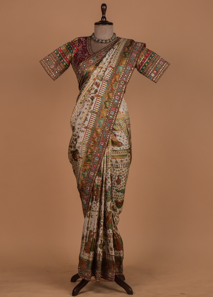 Cream Moroccan Silk Embroidered Saree