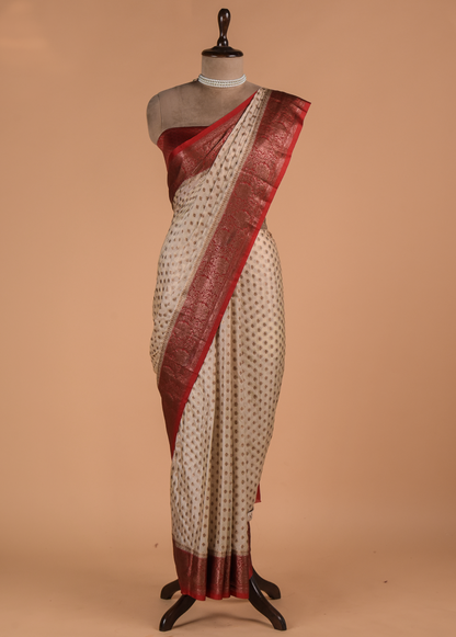 Cream Art Crepe Banarasi Saree