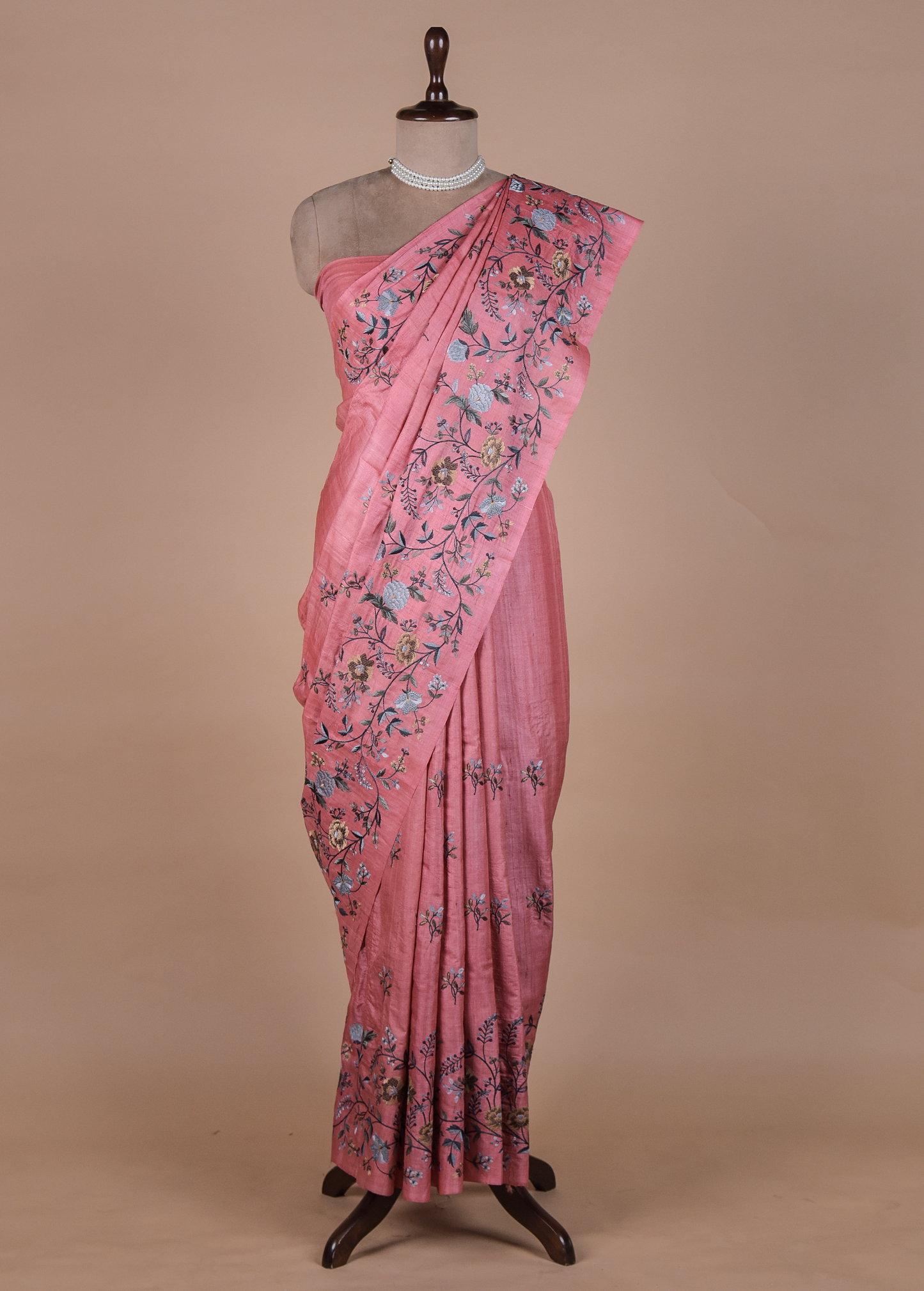 Pink Tussar Embroidered Saree