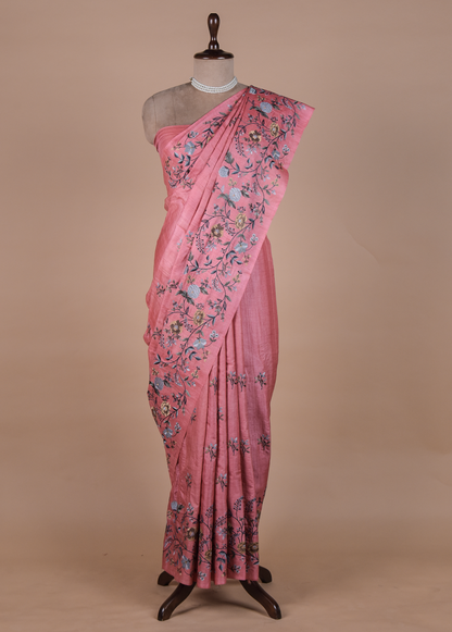 Pink Tussar Embroidered Saree