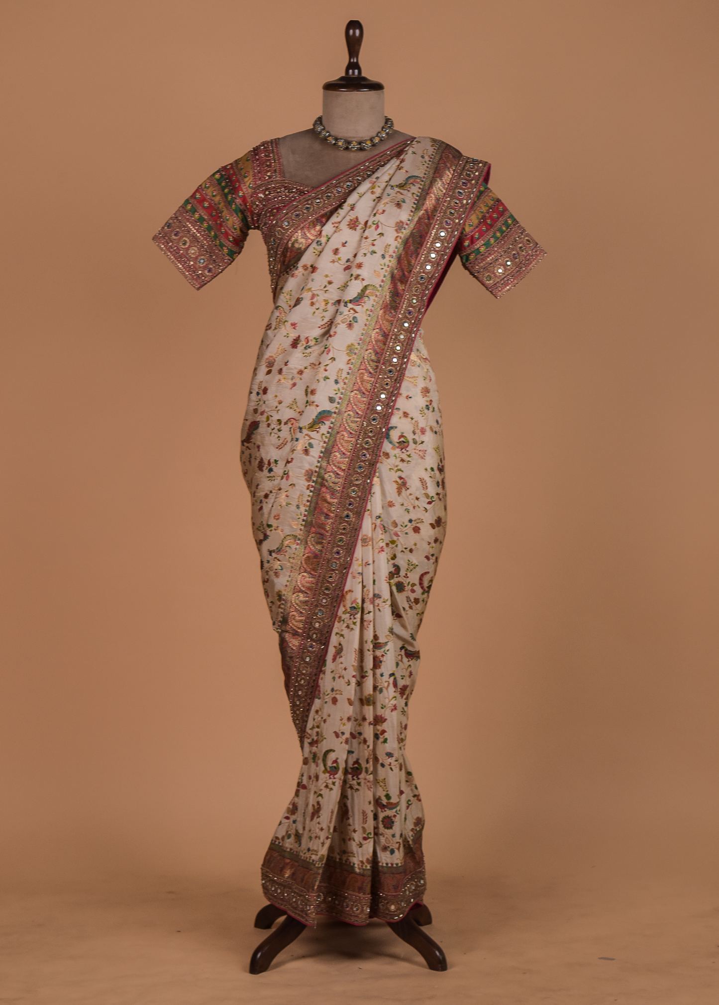 Cream Moroccan Silk Embroidered Saree