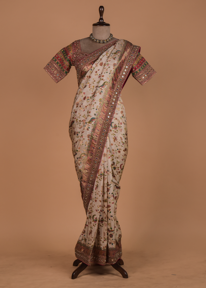 Cream Moroccan Silk Embroidered Saree