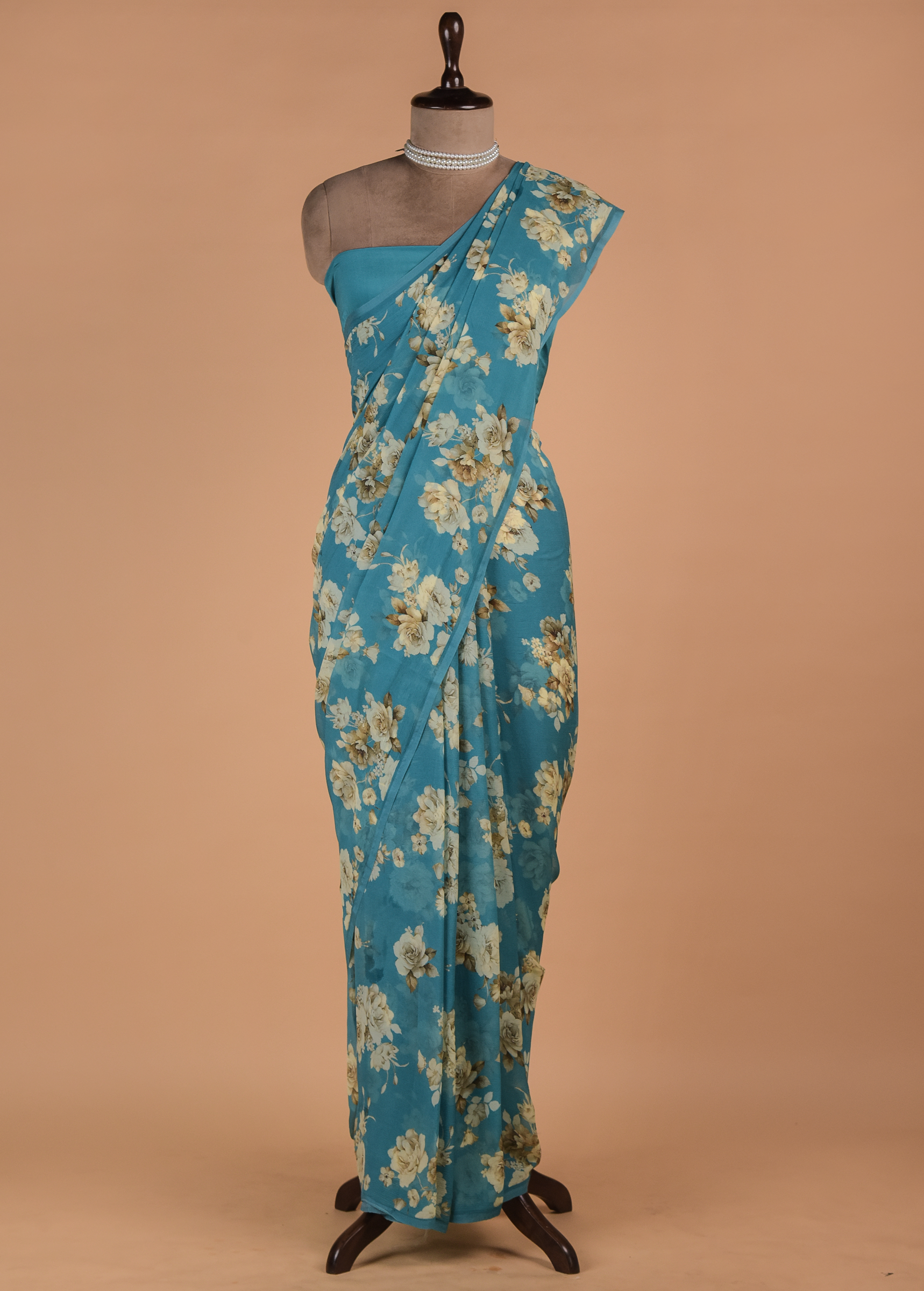 Blue Printed Chiffon Saree - Image 3 | Greenways Delhi