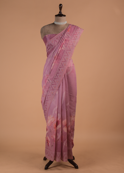 Pink Cotton Printed Saree