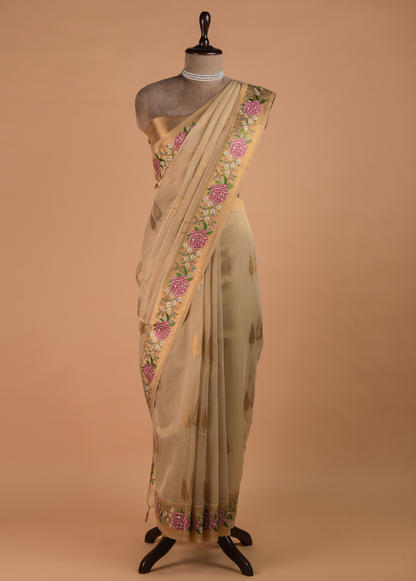 Golden Hand Embroidered Banarasi Saree - Image 3 | Greenways Delhi