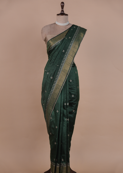Green Handloom Tussar Embroidered Saree