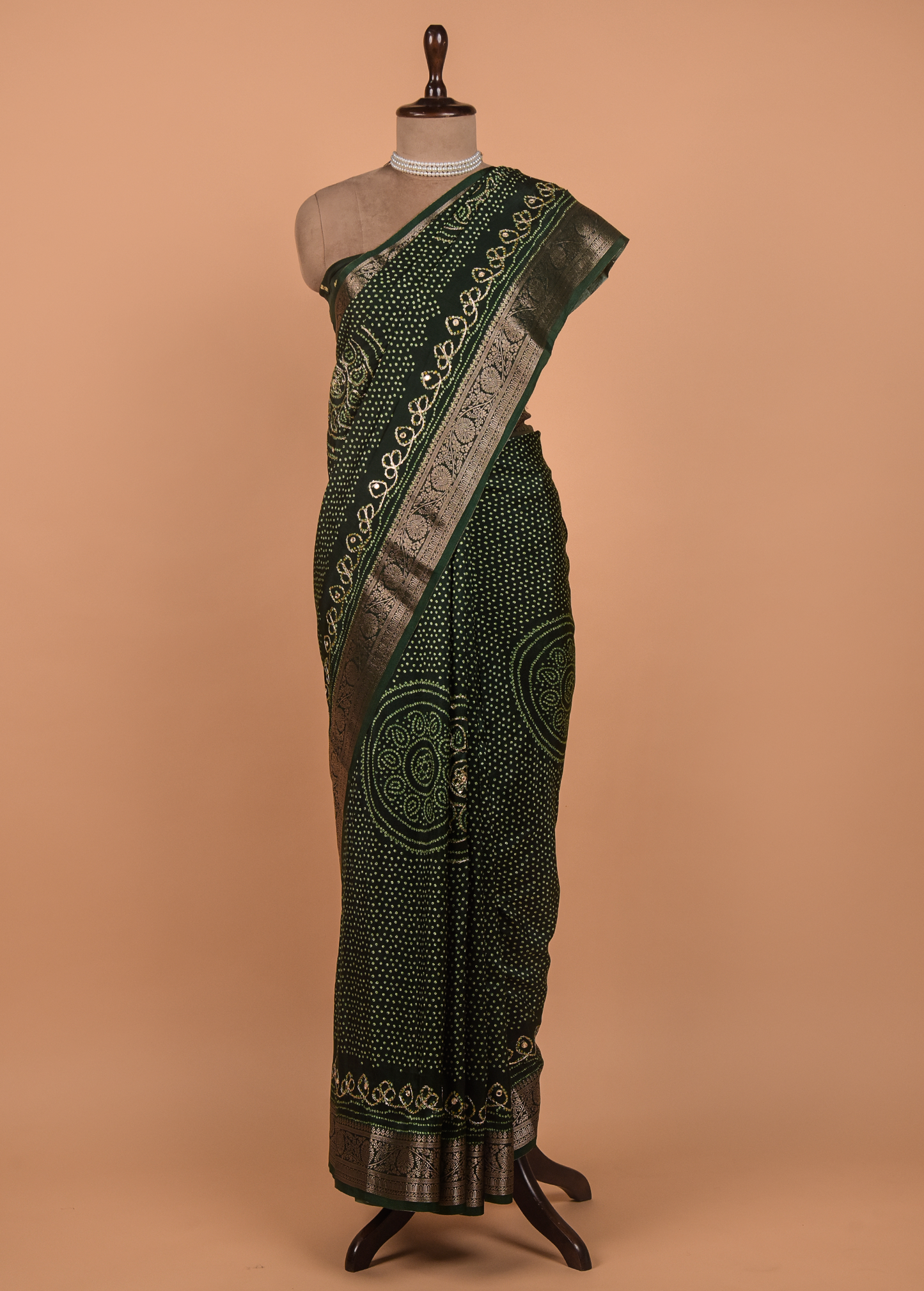 Green Crepe Bandhani Saree