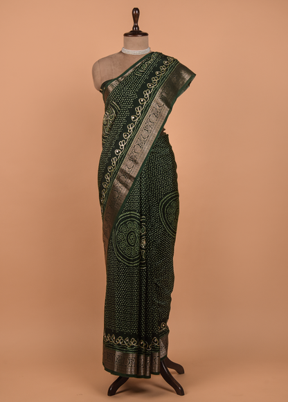 Green Crepe Bandhani Saree