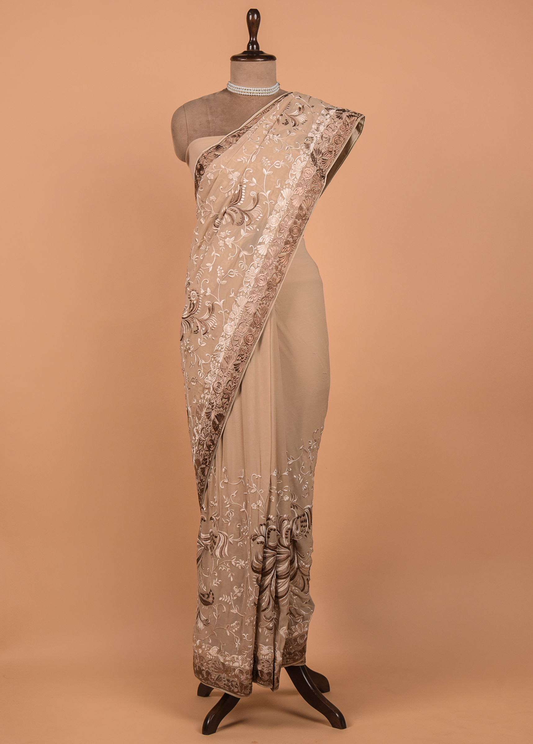 Beige Georgette Embroidered Saree