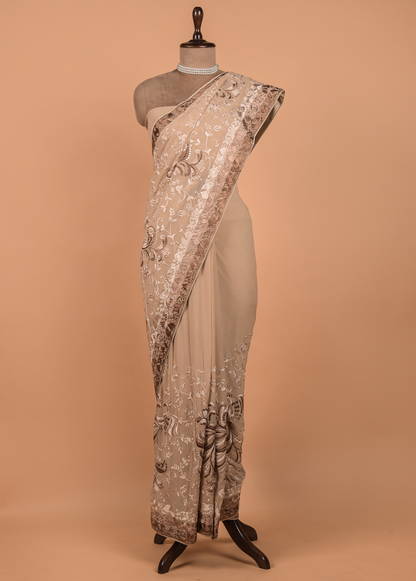 Beige Georgette Embroidered Saree