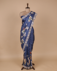 Blue Tussar Embroidered Saree