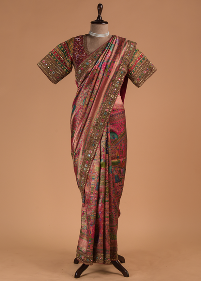 Pink Hand Embroidered Silk Saree