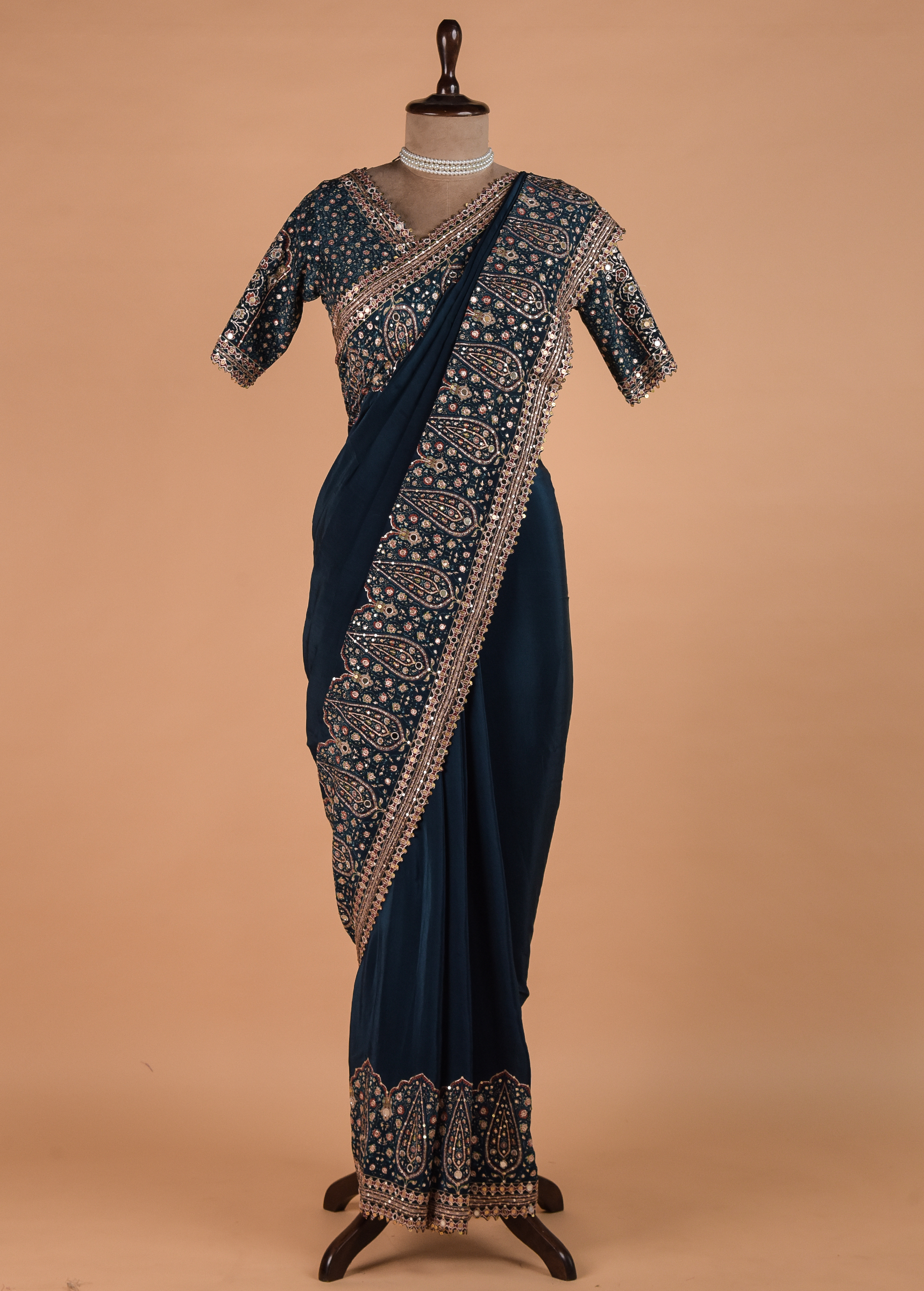 Blue Hand Embroidered Crepe Silk Saree - Image 3 | Greenways Delhi