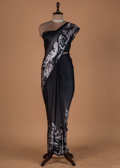 Black Satin Printed Saree