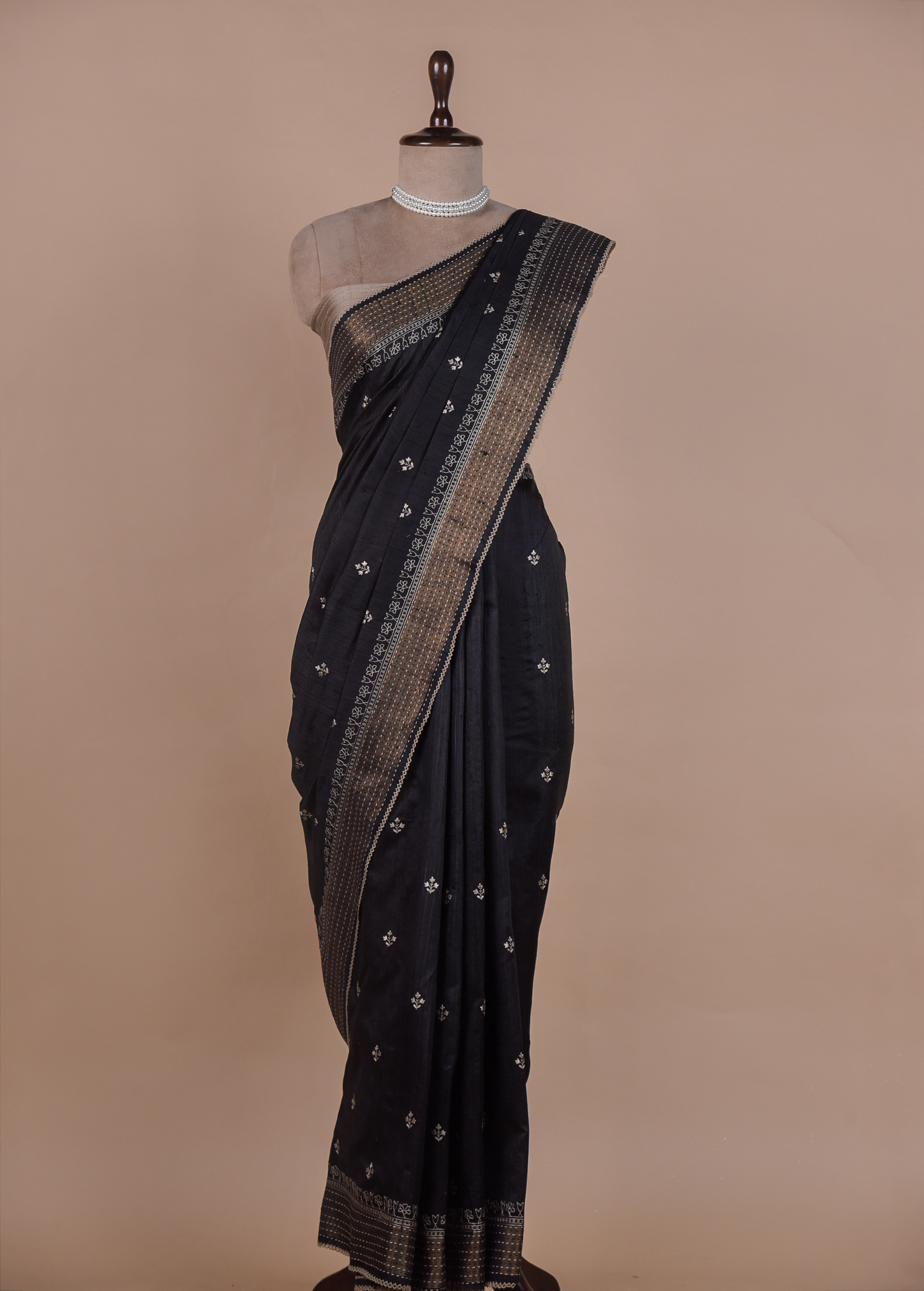 Black Handloom Tussar Embroidered Saree
