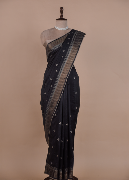 Black Handloom Tussar Embroidered Saree