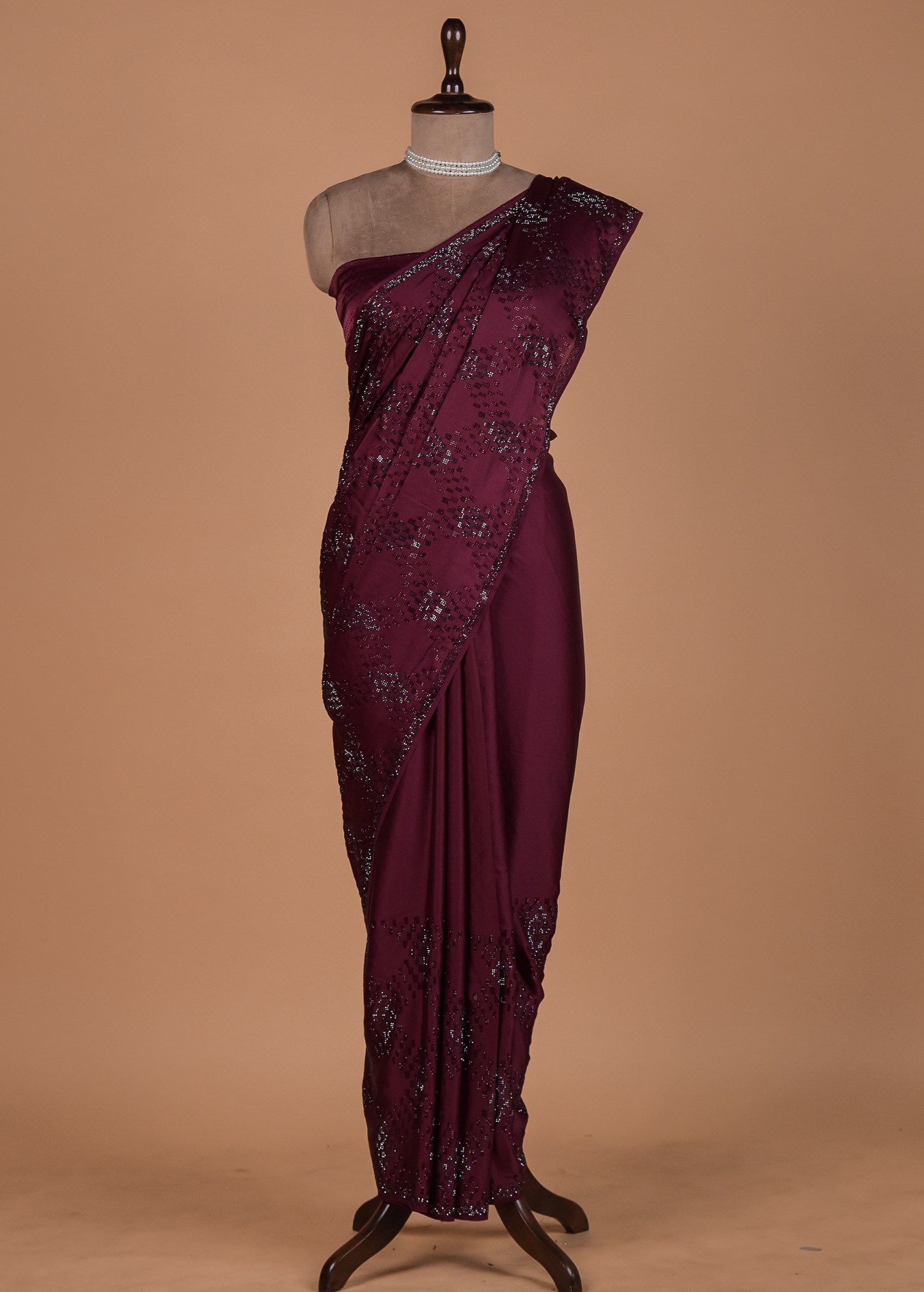 Wine Satin Embroidered Saree