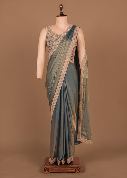 Blue Shamo Satin Readymade Saree
