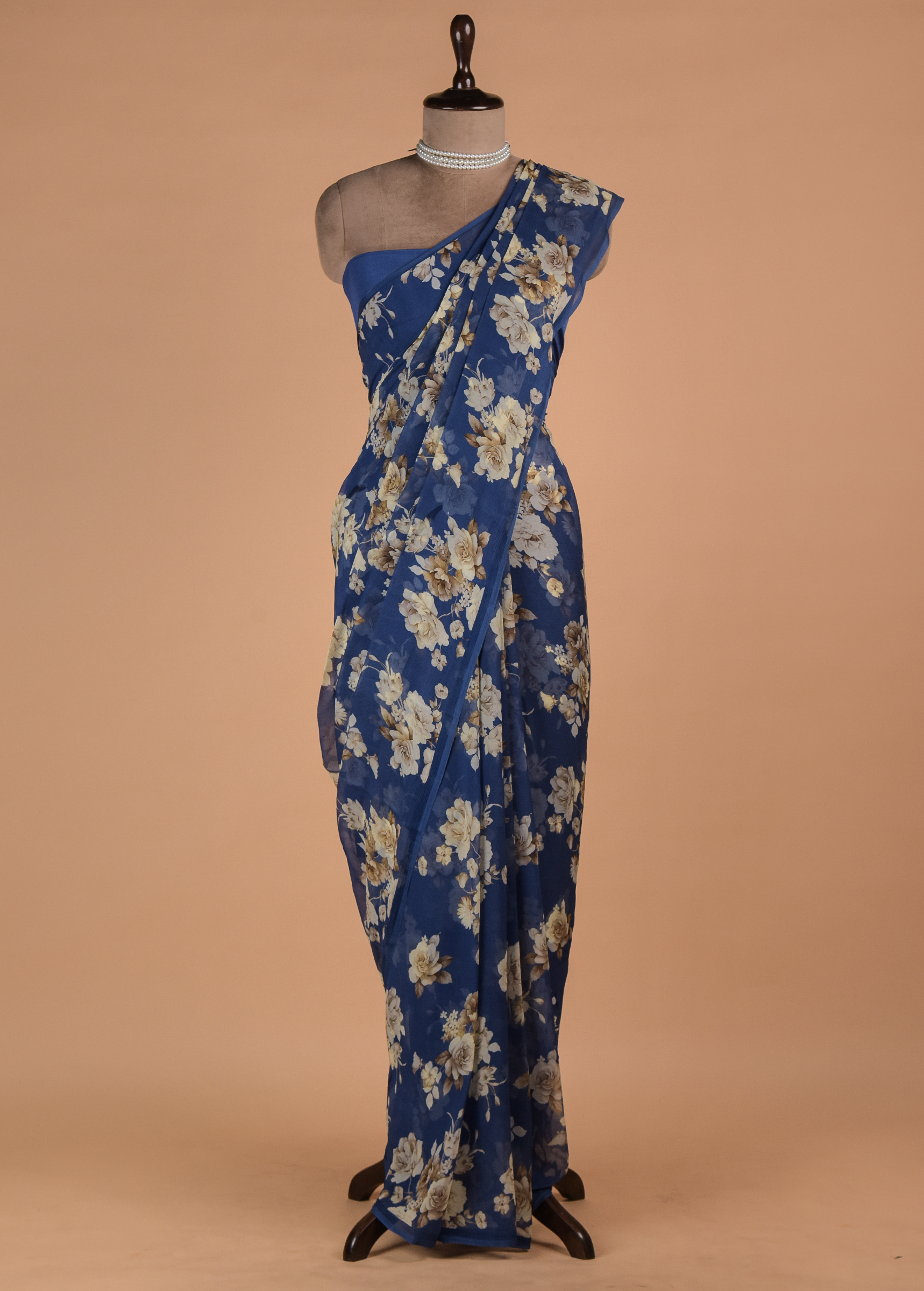 Blue Printed Chiffon Saree - Image 3 | Greenways Delhi