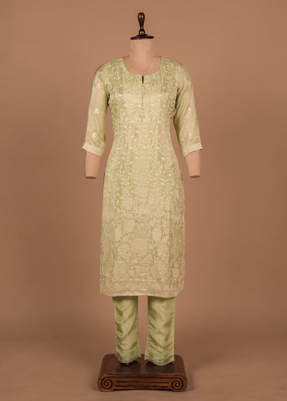 Green Cotton Silk Straight Set
