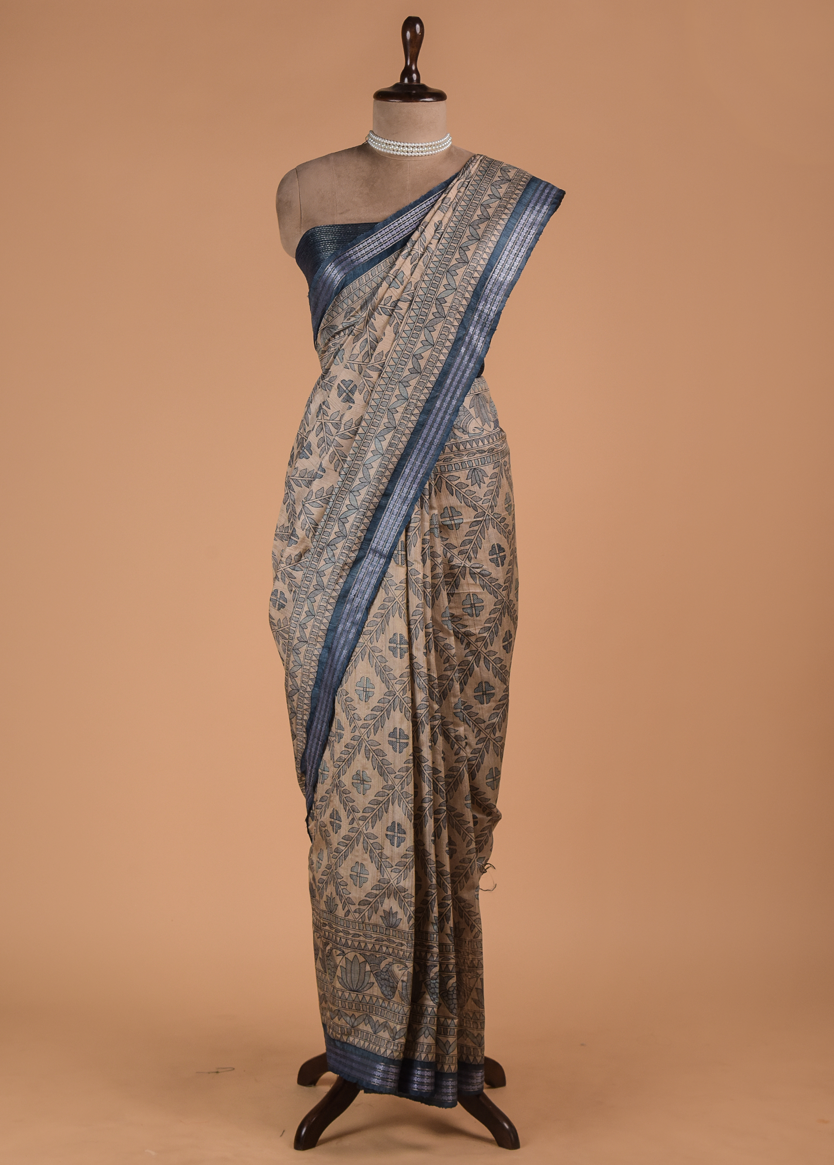 Blue Printed Tussar Silk Saree - Image 3 | Greenways Delhi
