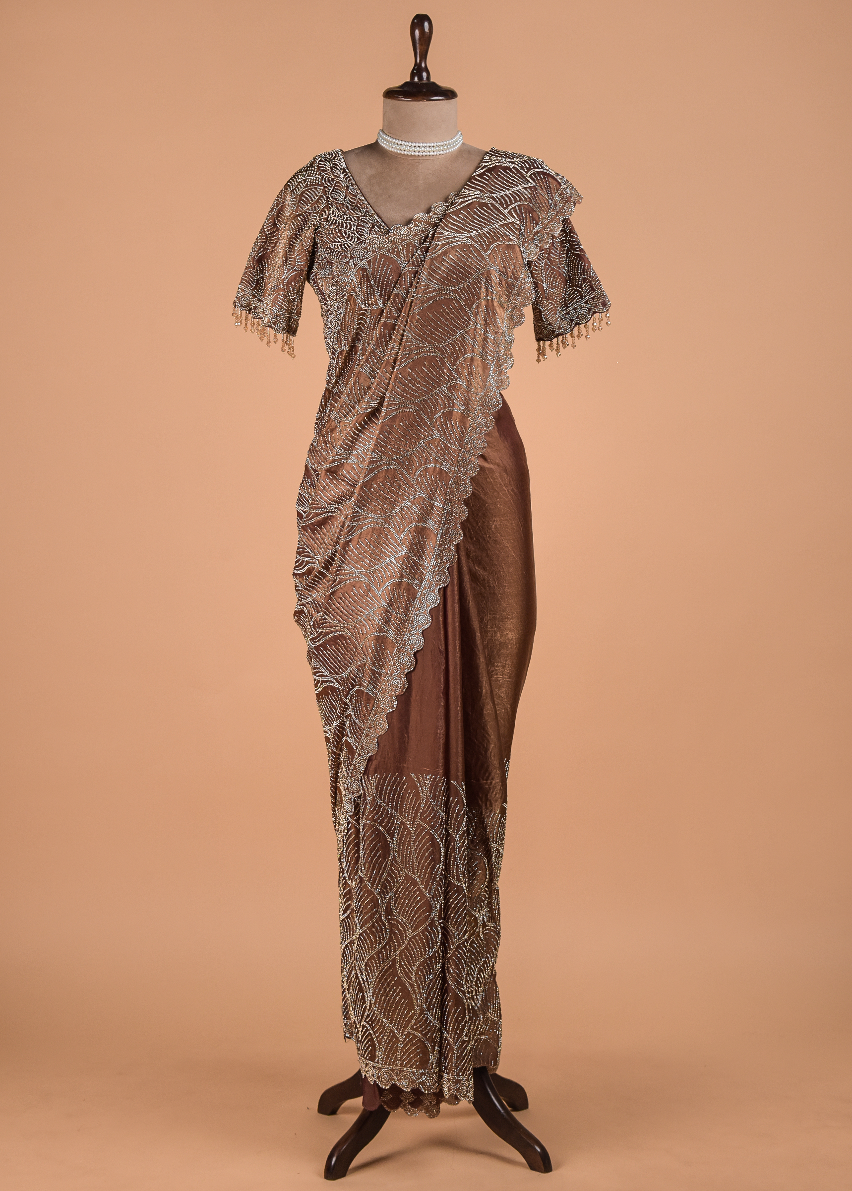 Metallic Bronze Shimmer Georgette Embroidered Saree