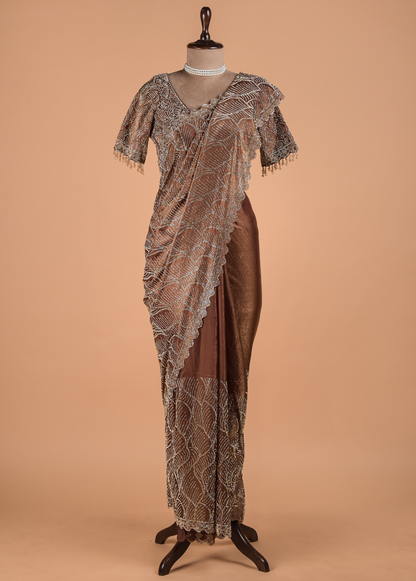 Metallic Bronze Shimmer Georgette Embroidered Saree