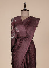 Wine Tussar Embroidered Saree